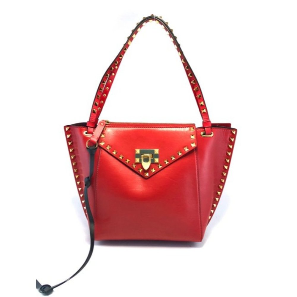 Valentino Shoulder Bag Rockstud Double Handle Hype Red Leather Tote